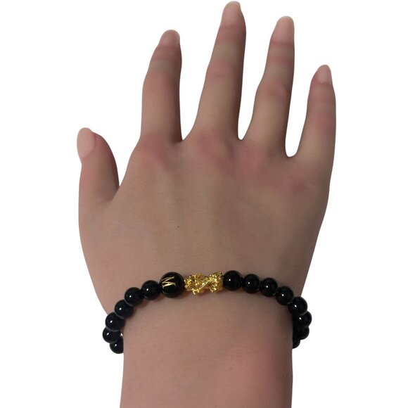 18K Gold Pixiu Piyao Bracelet Natural Gemstones Onyx 6mm Elastic Bracelet Letter - Picture 6 of 6